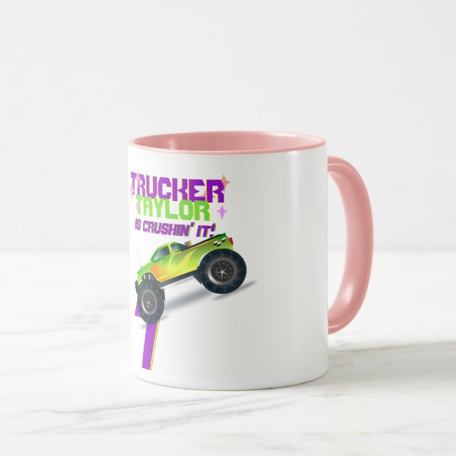 Crushing It MONSTER TRUCK PINK Birthday AGE NAME Mug (Front Right)