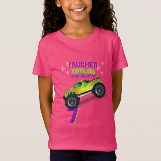 Crushing It MONSTER TRUCK PINK Birthday AGE NAME T-Shirt (Front)