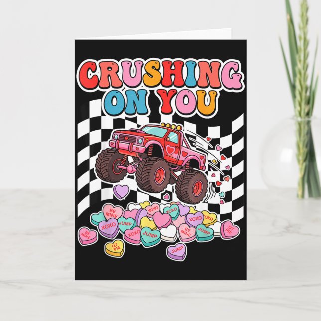 Crushing On You Monster Truck Valentine Retro Hear Card (Front)