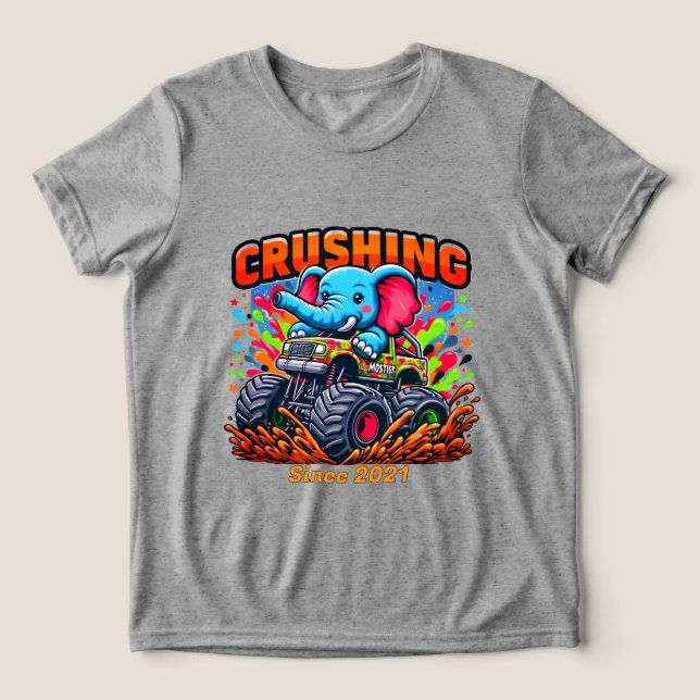 Crushing Since 2021 – Cute Elephant with Truck Tri-Blend Shirt (Design Front)