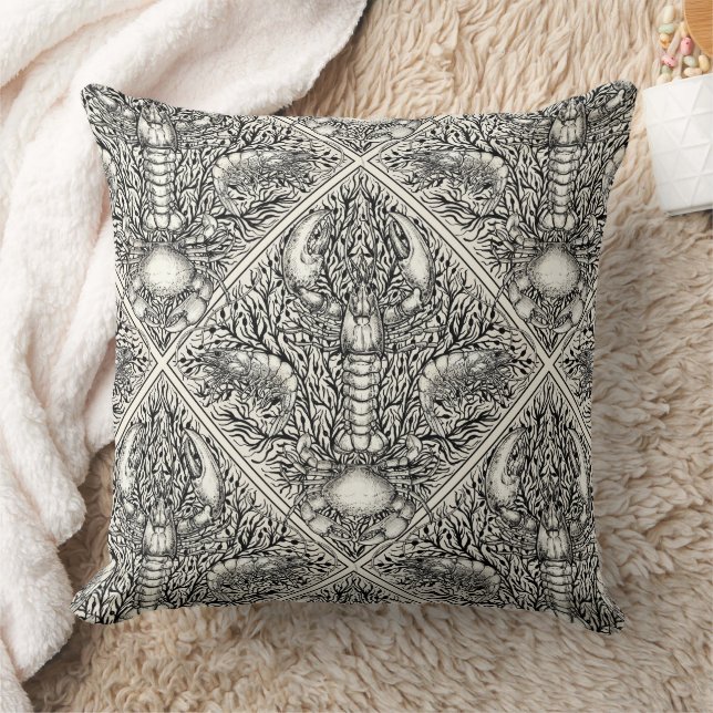 Crustacean in black and natural white throw pillow (Blanket)