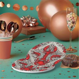 Crustacean in red, black and ivory paper plates
