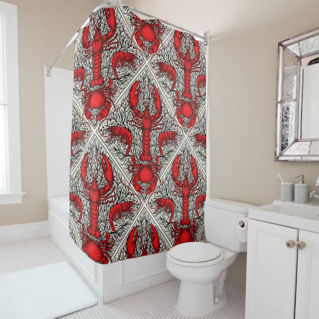 Crustacean in red, black and ivory shower curtain (In Situ)