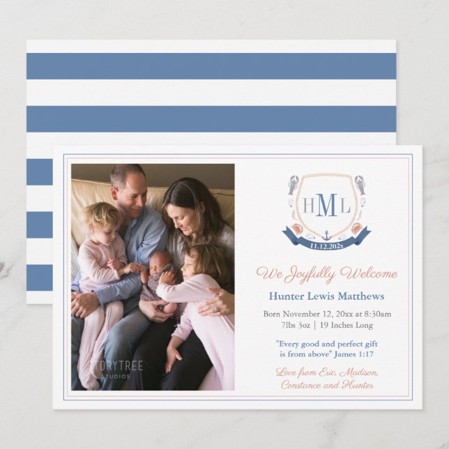 Crustacean Monogram Photo Baby Boy Birth  Announcement (Front/Back)