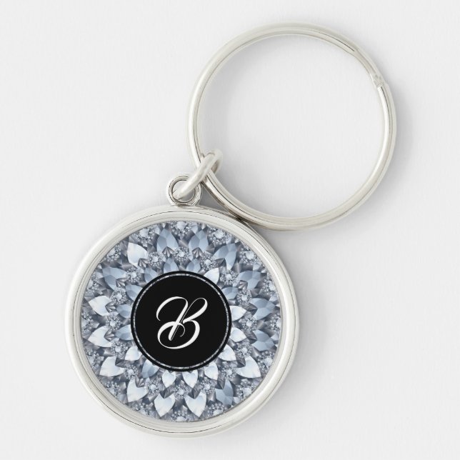 Crusted White Faux Diamonds Mandala With Monogram Keychain (Front)