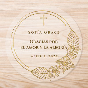 Cruz Dorada Floral Bautizo Niña Gracias Classic Round Sticker
