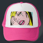 Cry Me a River Pop Art Trucker Hat<br><div class="desc">This Cry Me a River Pop Art Trucker Hat features a comic book inspired drawing of emotionally distraught young woman with blond hair, pink lips and aqua tears. The woman is on an aqua and white polka dot background. Life may not be fair, but this hat almost makes up for...</div>