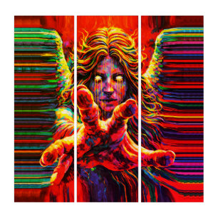 Crying Angel Neon Multicolor Impasto Oil Painting Triptych