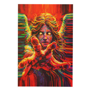 Crying Angel Neon Multicolor Impasto Oil Painting Wood Wall Art