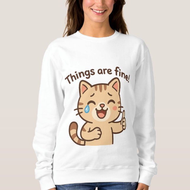 Crying Cat Sticker – “Things are fine!” Funny Cart Sweatshirt (Front)