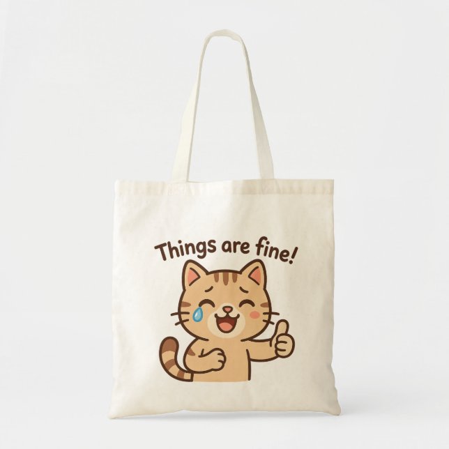 Crying Cat Sticker – “Things are fine!” Funny  Tote Bag (Front)