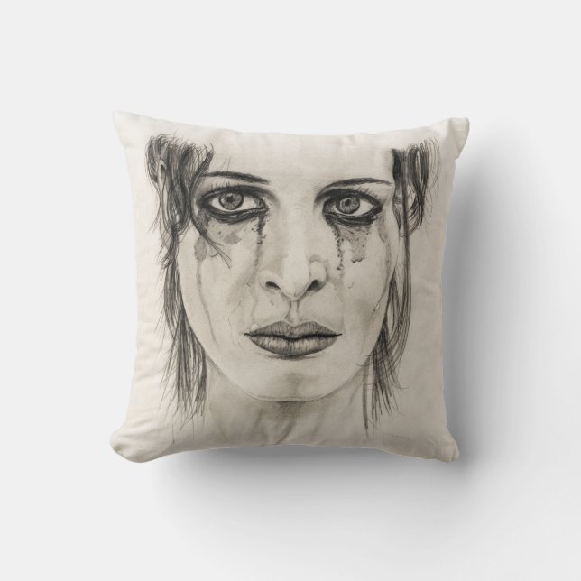 Crying girl - Drawing in pencil Throw Pillow (Front)