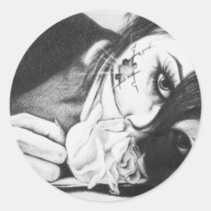 Crying girl with rose Surreal drawing art Classic Round Sticker