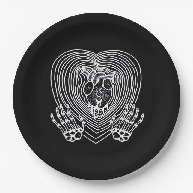 Crying Heart In White Skeleton Hands Hearts Modern Paper Plates (Front)