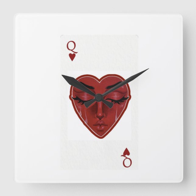 Crying Queen of Hearts Surreal Playing Card Design Square Wall Clock (Front)