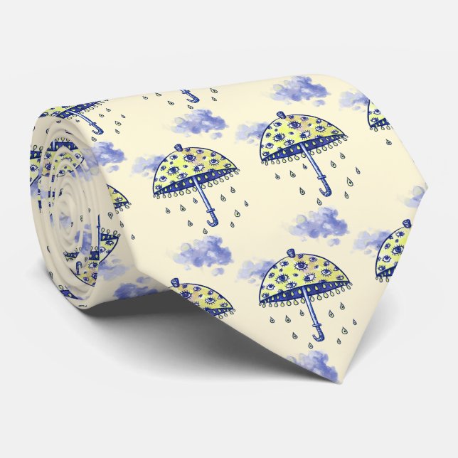 Crying Umbrella with Eyes Hand drawn Neck Tie (Rolled)