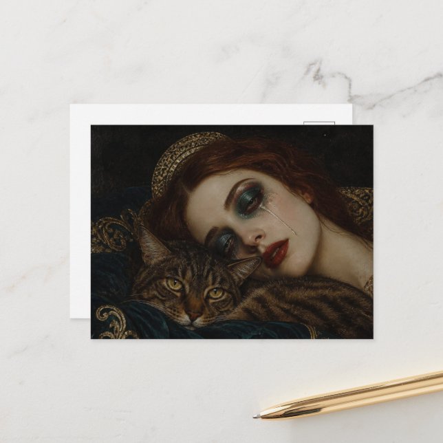 Crying With Her Cat The Queen in Bed Postcard (Front/Back In Situ)