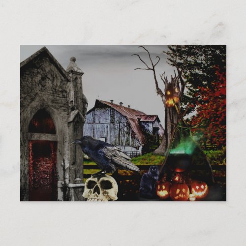  Crypt Raven Witch Skulls HALLOWEEN Postcard