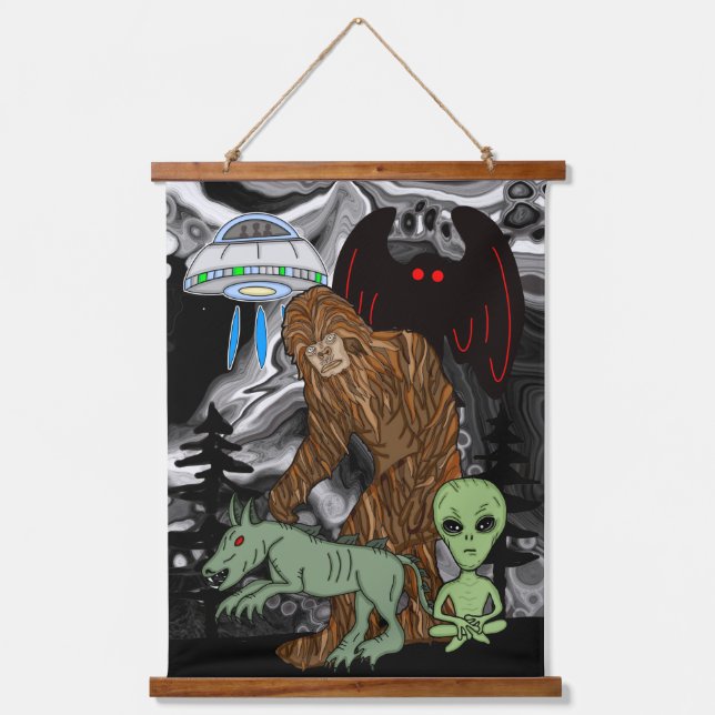 Cryptid Big Foot, Alien, Chupacabra, Mothman Hanging Tapestry (Front)