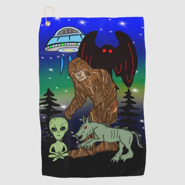 Cryptid Big Foot Alien Mothman UFO Chupacabra Golf Towel (Front)