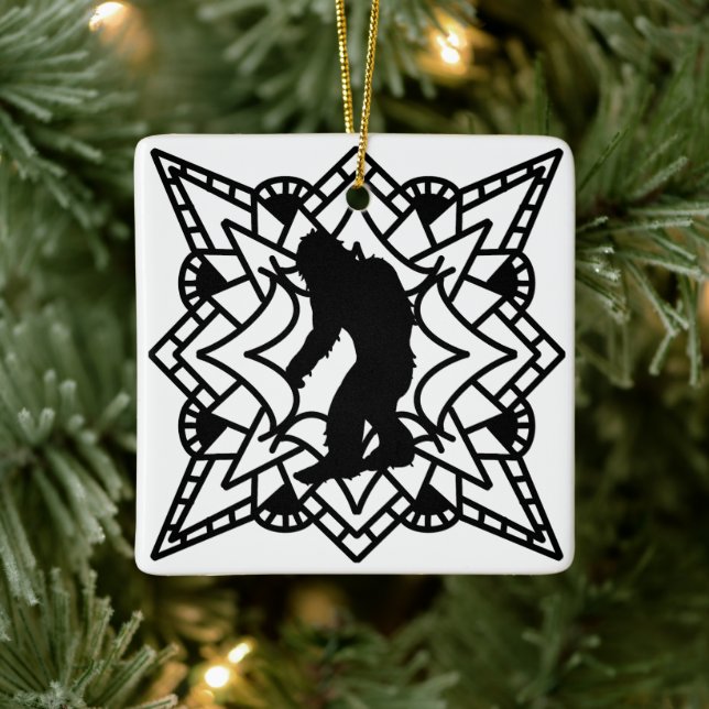 Cryptid Big foot, Sasquatch in a Mandala   Ceramic Ornament (Tree)