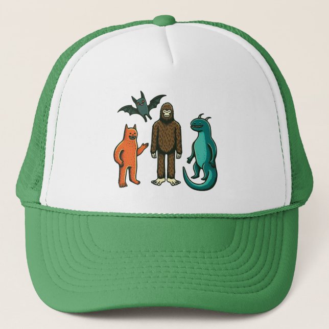 Cryptid Friends: Baby Bodysuit One-sie w/ Bigfoot Trucker Hat (Front)