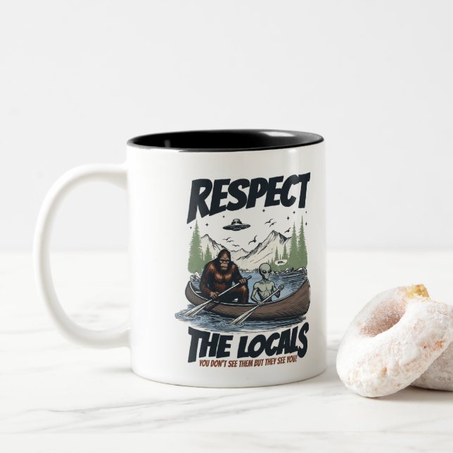 Cryptid Sasquatch Alien UFO Canoe Graphic Two-Tone Coffee Mug (With Donut)