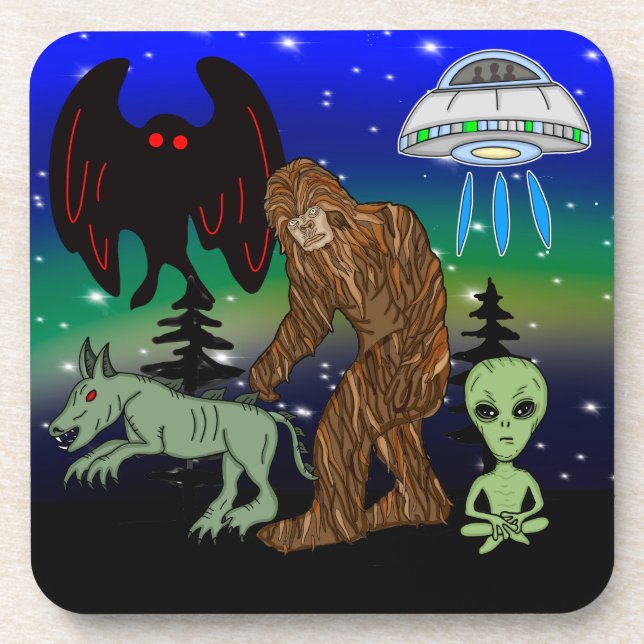 Cryptid, UFO,  Big Foot, Chupacabra, Alien Mothman Beverage Coaster (Front)