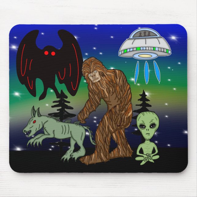 Cryptid, UFO,  Big Foot, Chupacabra, Alien Mothman Mouse Pad (Front)