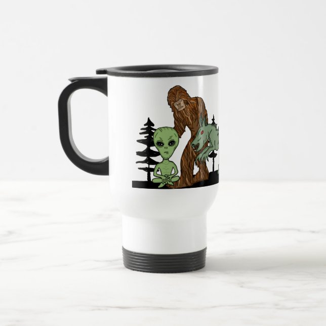 Cryptid, UFO,  Big Foot, Chupacabra, Alien   Travel Mug (Left)