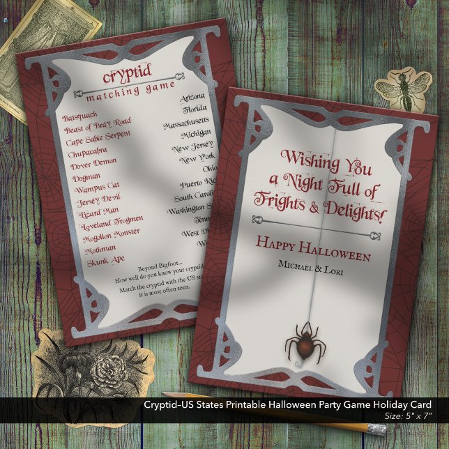 Cryptid–US States Printable Halloween Party Game Holiday Card (Cryptids of the US Matching Challenge–Printable Halloween Party Activity)