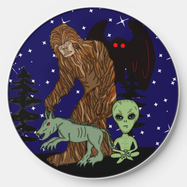Cryptids Big Foot, Chupacabra, Alien and Mothman Wireless Charger (Front)