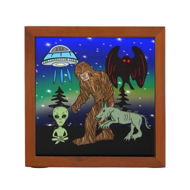 Cryptids, Bigfoot, Sasquatch, Mothman, Alien, UFO Desk Organizer (Front)
