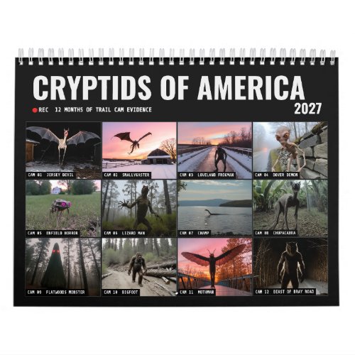 Cryptids of America 2027 Trail Cam Bigfoot Mothman Calendar