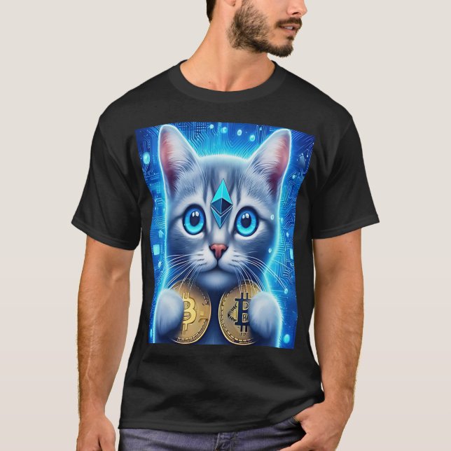 "Crypto Cat with Bitcoin and Ethereum Coins T-Shirt (Front)