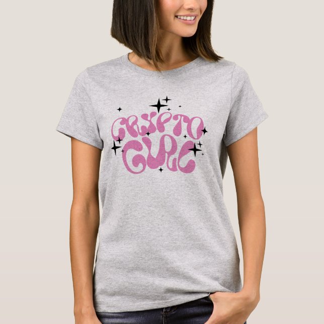 Crypto Girl Retro Pink Lettering on Gray T-Shirt (Front)