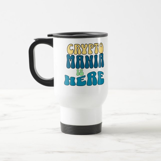 Crypto Mania Retro Blue Travel Mug (Left)
