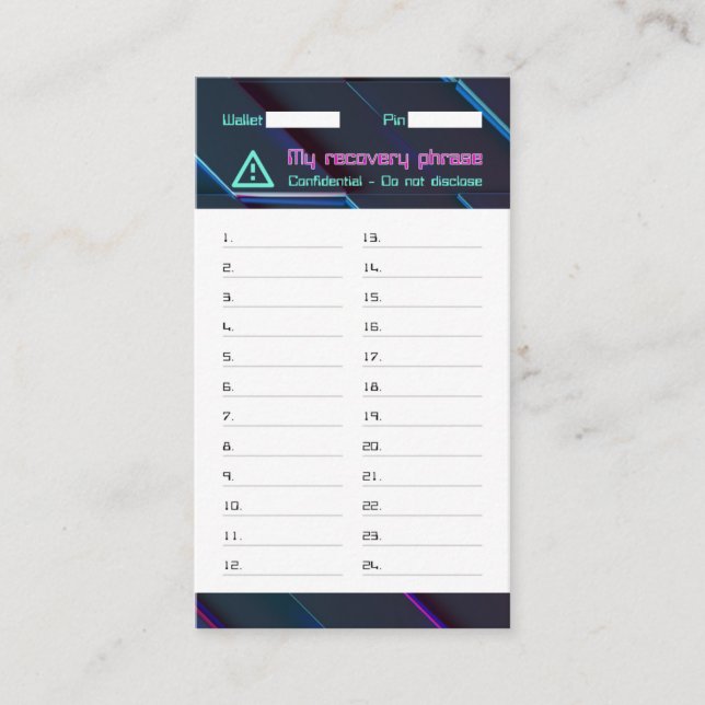 Crypto Wallet Password Recovery Seed Phrase 24 Business Card (Front)