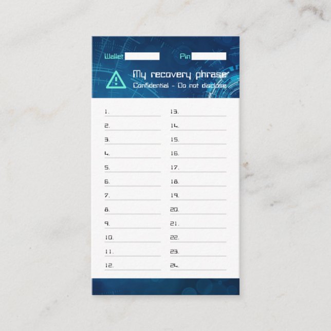 Crypto Wallet Sci-Fi Recovery Seed Phrase 24 Business Card (Front)