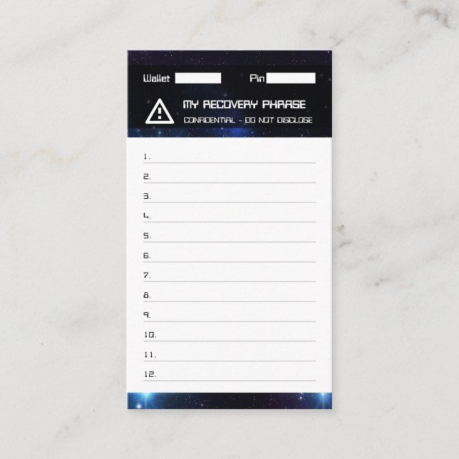 Crypto Wallet Space Recovery Seed Phrase 12 Business Card (Front)