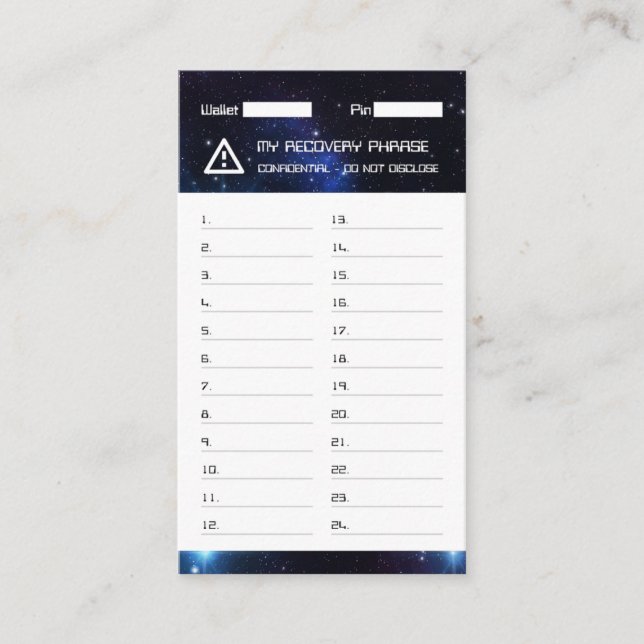 Crypto Wallet Space Recovery Seed Phrase 24 Business Card (Front)