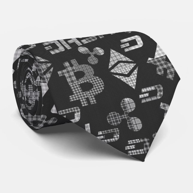 Cryptocurrencies Black and White Pattern neck tie (Rolled)