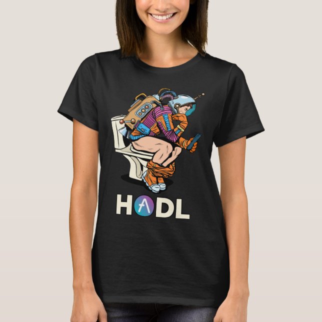 Cryptocurrency Aave HODL Space Man On Toilet Merch T-Shirt (Front)