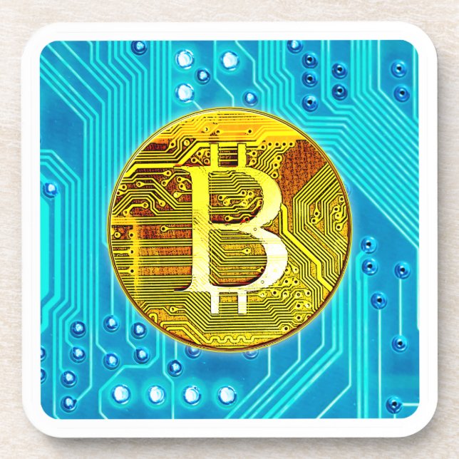 Cryptocurrency Bitcoin and Circuit Board Beverage Coaster (Front)