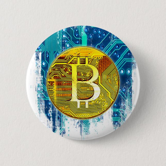 Cryptocurrency Bitcoin and Circuit Board Button (Front)