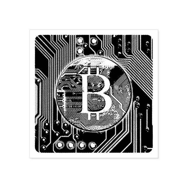 Cryptocurrency Bitcoin and Circuit Board  Rubber Stamp (Imprint)