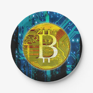 Cryptocurrency Bitcoin and Circuitboard Paper Plates