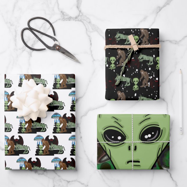 Cryptozoology Cryptids Big Foot Alien Mothman  Wrapping Paper Sheets (Front)