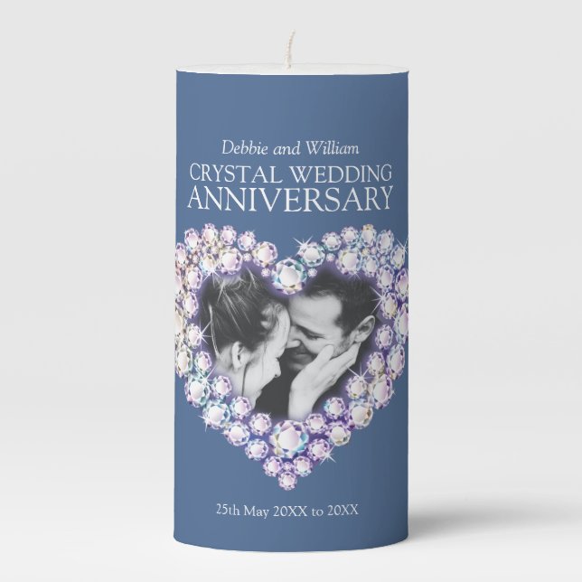 Crystal 15th wedding anniversary heart photo blue pillar candle (Front)