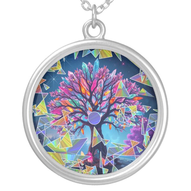 Crystal Abstract Tree Silver Plated Necklace (Front)